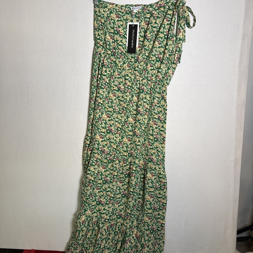 Prettygarden Womens Green Pattern Tiered Maxi Dress Size L Tie Shoulder Summer